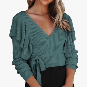 Cropped Wrap V-Neck Green Sweater Ruffle Tie Waist Ribbed Medium NEW WITH TAGS